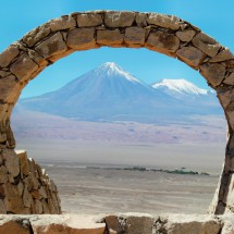 Volcanoes Licancabur and Juriques from the ancient ruins Pukara de Quitor